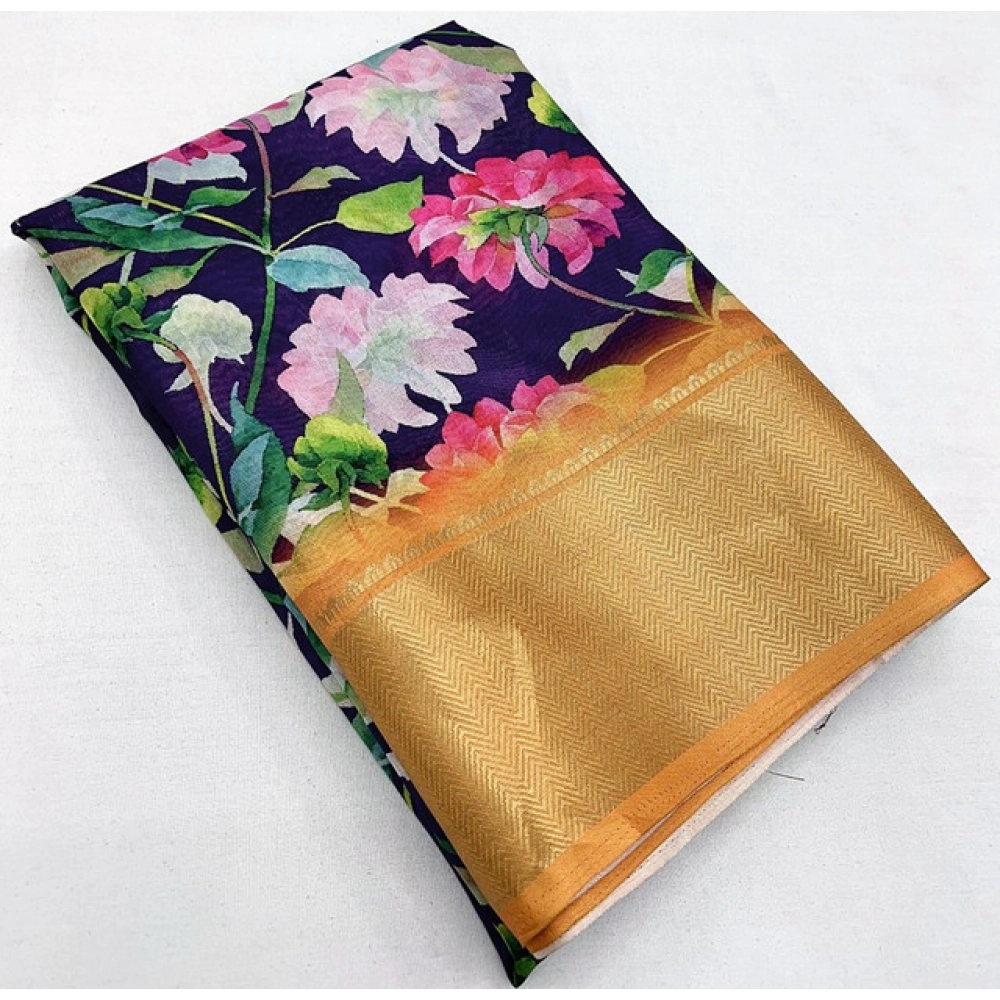 Generic Women's Cotton Silk Floral Printed Saree With Unstitched Blouse 5.5Mtr (Purple) - Image 3