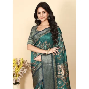 Generic Women's Cotton Silk Printed Saree With Unstitched Blouse 5.5Mtr (Teal)