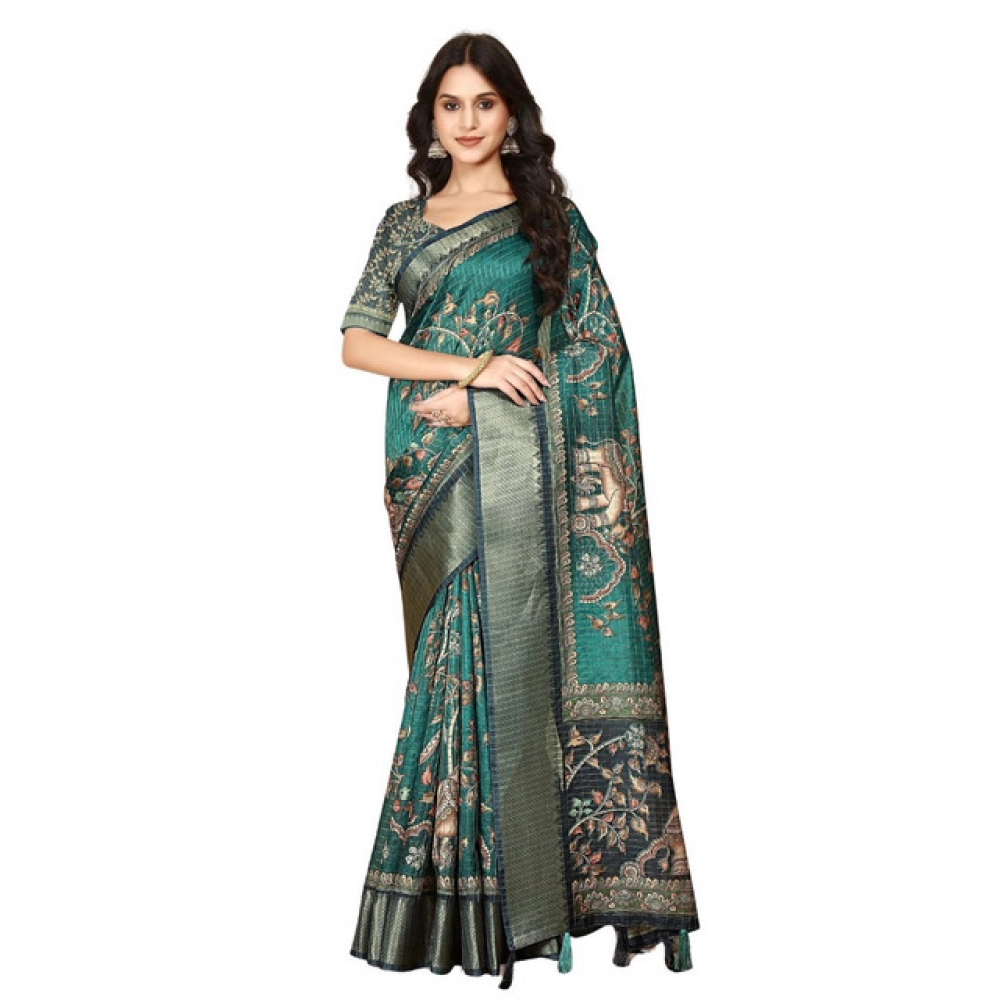 Generic Women's Cotton Silk Printed Saree With Unstitched Blouse 5.5Mtr (Teal) - Image 7