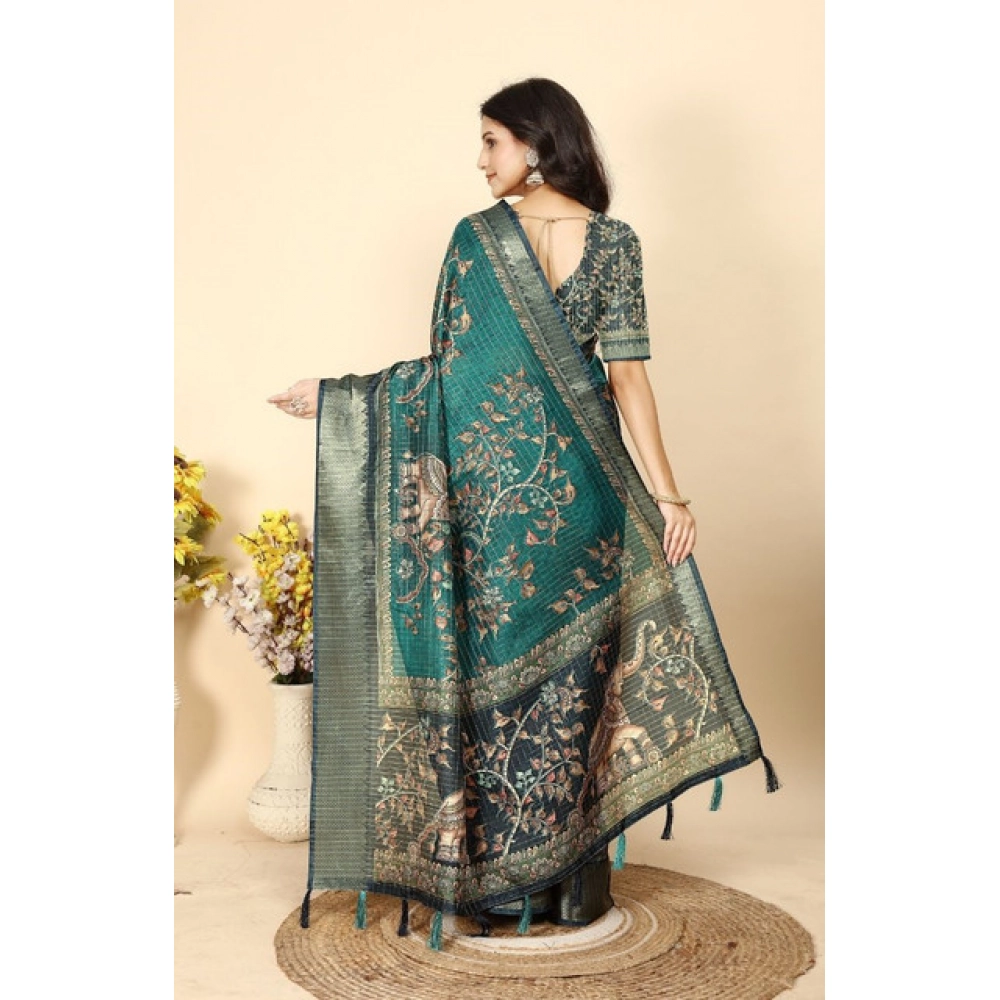 Generic Women's Cotton Silk Printed Saree With Unstitched Blouse 5.5Mtr (Teal) - Image 6