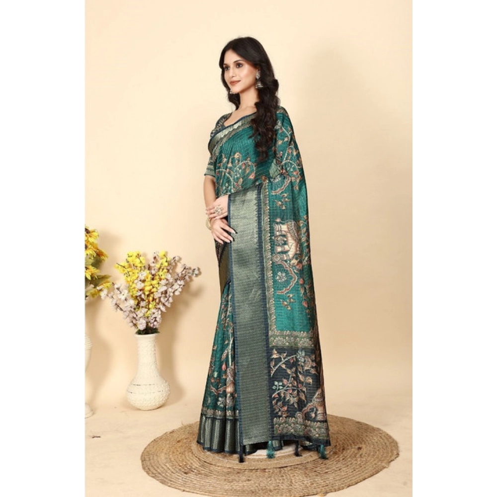 Generic Women's Cotton Silk Printed Saree With Unstitched Blouse 5.5Mtr (Teal) - Image 5