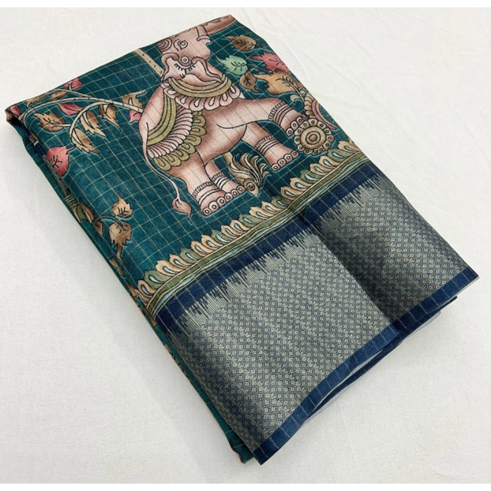 Generic Women's Cotton Silk Printed Saree With Unstitched Blouse 5.5Mtr (Teal) - Image 3
