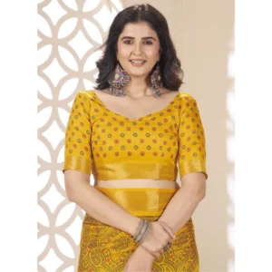 Generic Women's Cotton Silk Floral Printed Saree With Unstitched Blouse 5.5Mtr (Yellow)