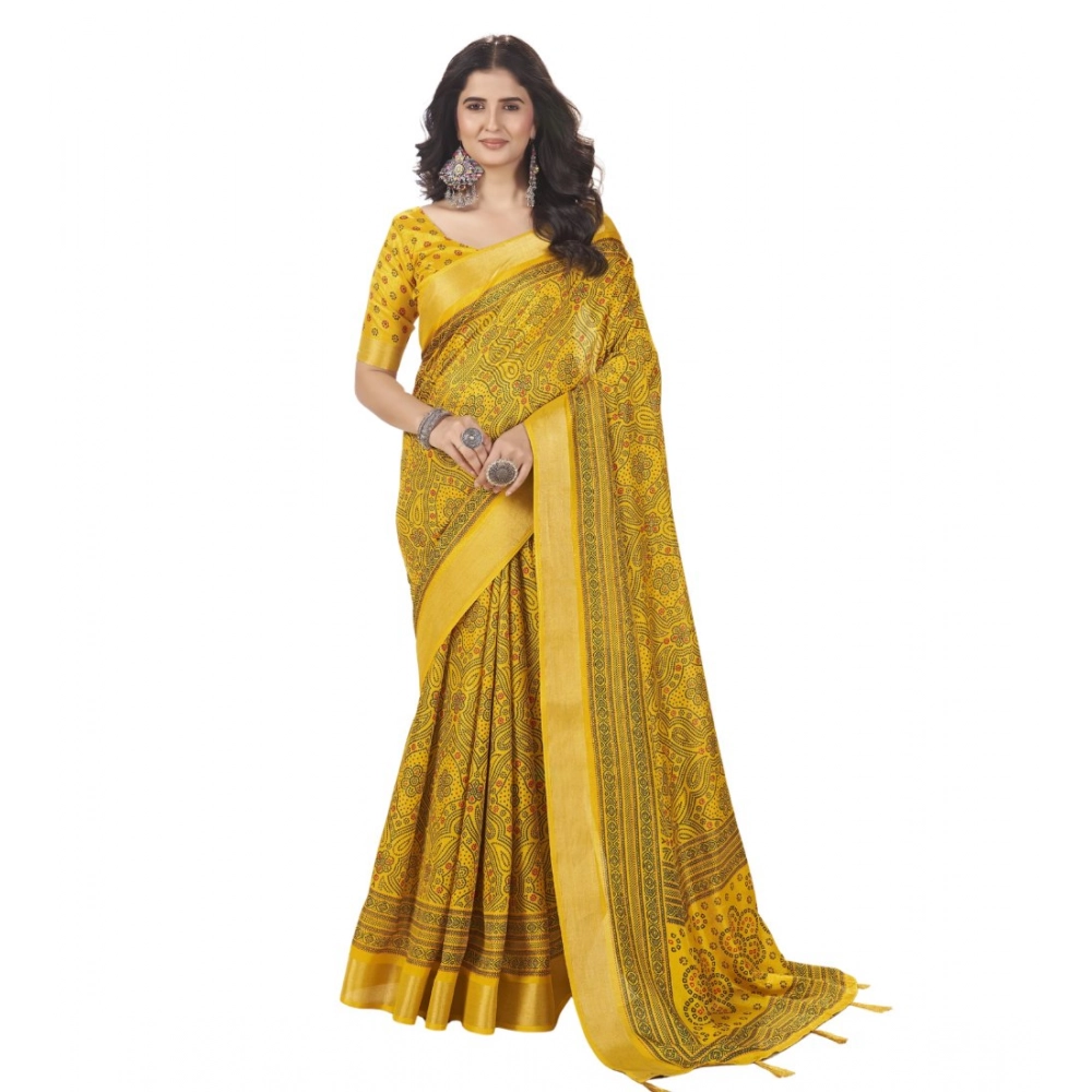 Generic Women's Cotton Silk Floral Printed Saree With Unstitched Blouse 5.5Mtr (Yellow) - Image 6