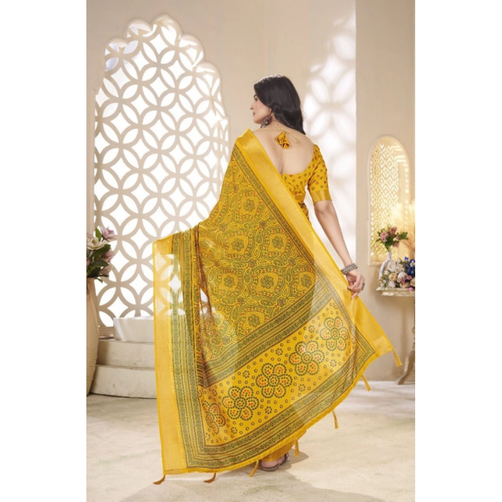 Generic Women's Cotton Silk Floral Printed Saree With Unstitched Blouse 5.5Mtr (Yellow) - Image 5