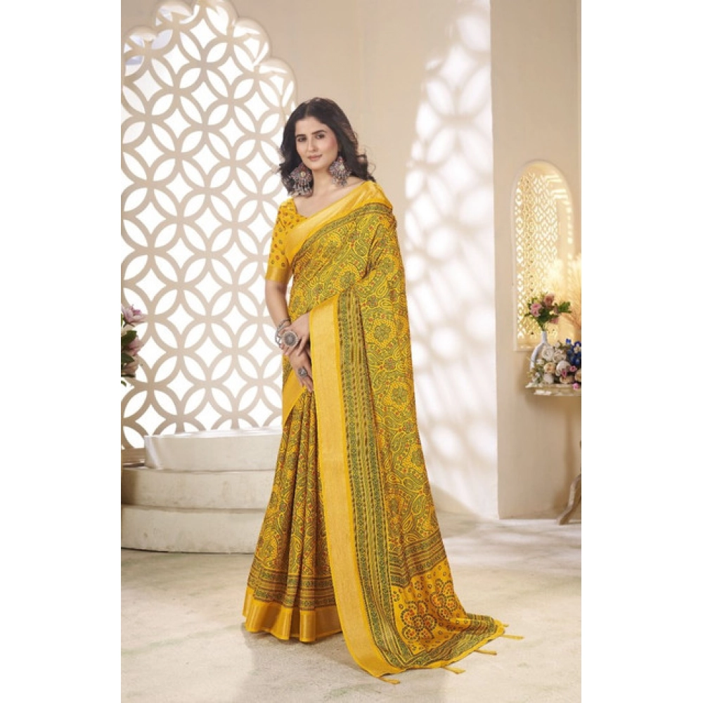 Generic Women's Cotton Silk Floral Printed Saree With Unstitched Blouse 5.5Mtr (Yellow) - Image 4