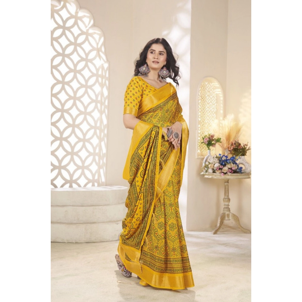 Generic Women's Cotton Silk Floral Printed Saree With Unstitched Blouse 5.5Mtr (Yellow) - Image 3