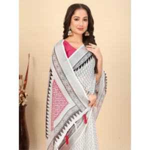 Generic Women's Linen Printed Saree With Unstitched Blouse 5.5Mtr (Multicolor)