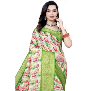 Generic Women's Cotton Silk Floral Printed Saree With Unstitched Blouse 5.5Mtr (Green-White)