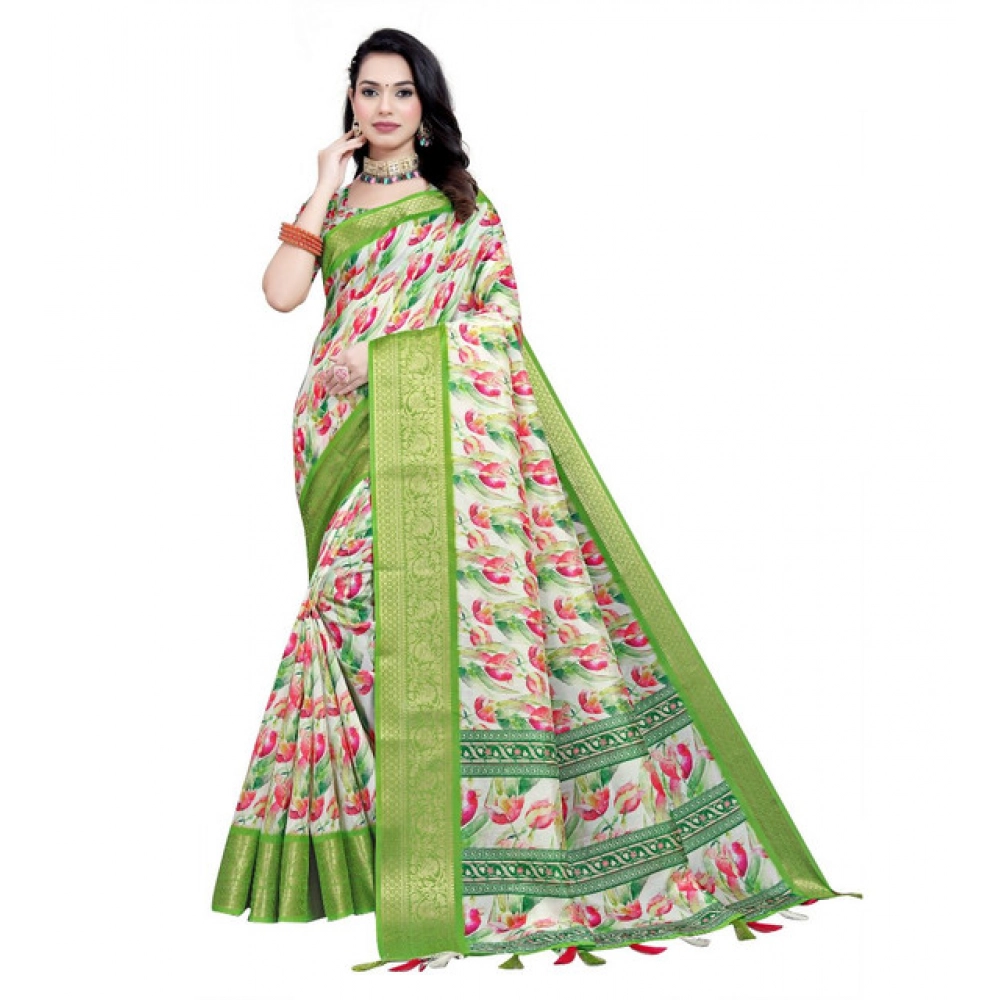 Generic Women's Cotton Silk Floral Printed Saree With Unstitched Blouse 5.5Mtr (Green-White) - Image 4