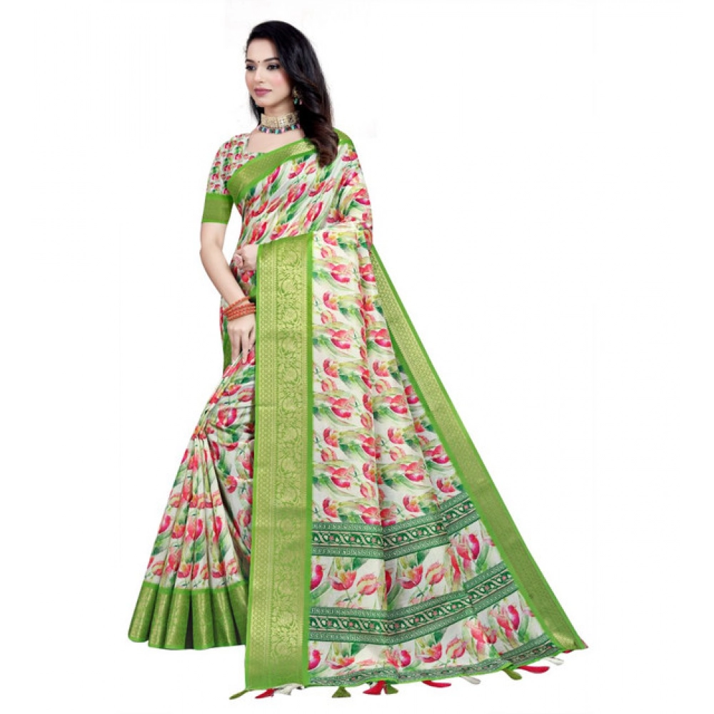 Generic Women's Cotton Silk Floral Printed Saree With Unstitched Blouse 5.5Mtr (Green-White) - Image 3