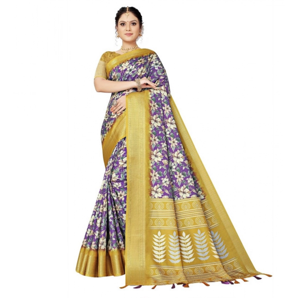 Generic Women’s Cotton Silk Floral Printed Saree With Unstitched Blouse 5.5Mtr (Purple)