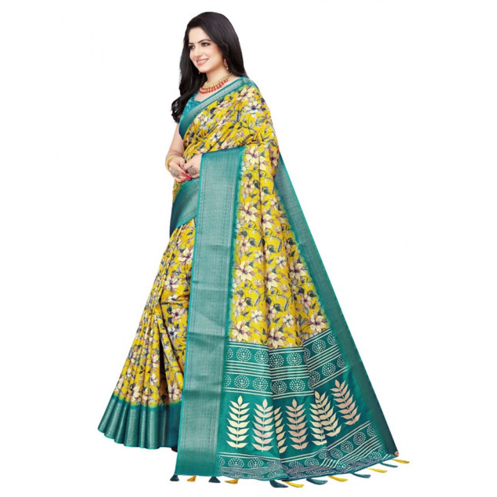 Generic Women's Cotton Silk Floral Printed Saree With Unstitched Blouse 5.5Mtr (Yellow) - Image 4