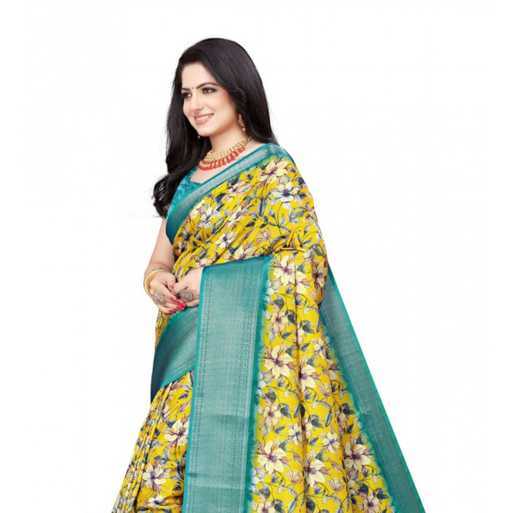 Generic Women's Cotton Silk Floral Printed Saree With Unstitched Blouse 5.5Mtr (Yellow) - Image 3
