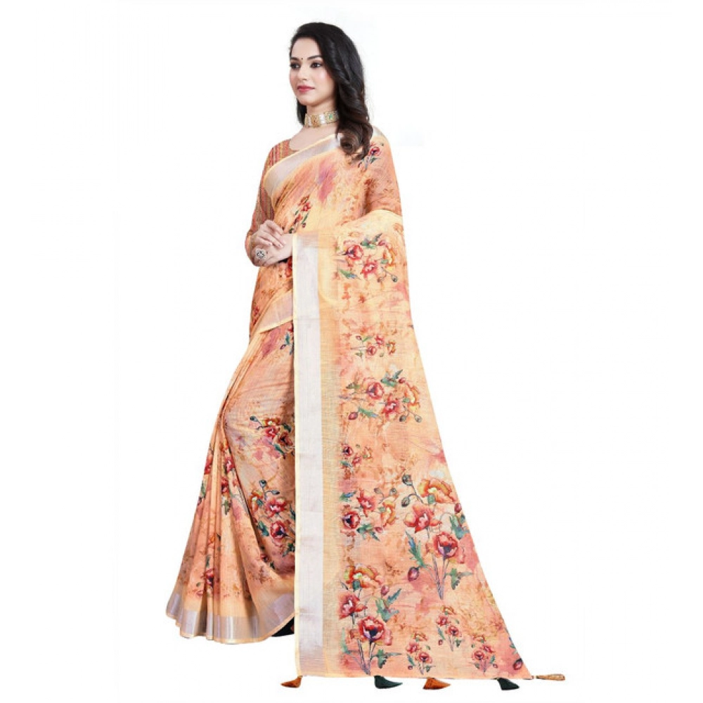 Generic Women's Cotton Silk Floral Printed Saree With Unstitched Blouse 5.5Mtr (Peach) - Image 4