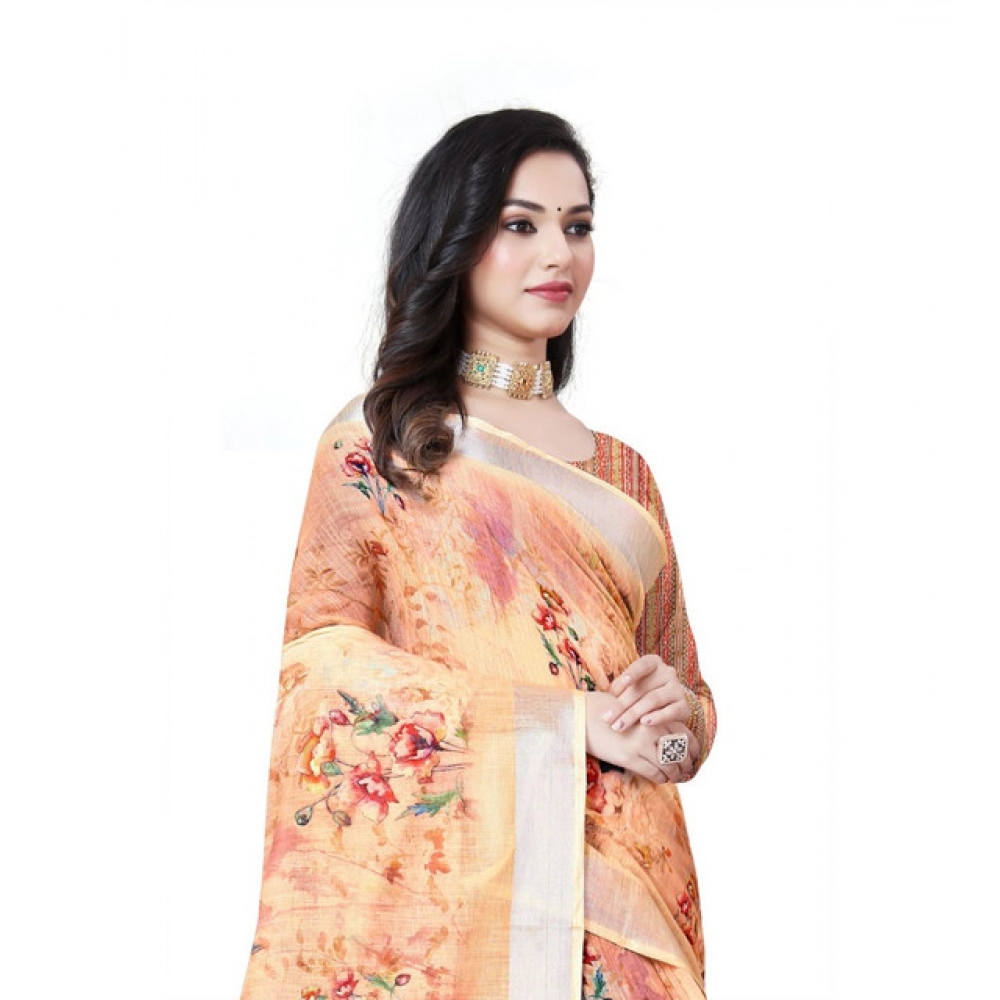 Generic Women's Cotton Silk Floral Printed Saree With Unstitched Blouse 5.5Mtr (Peach) - Image 3