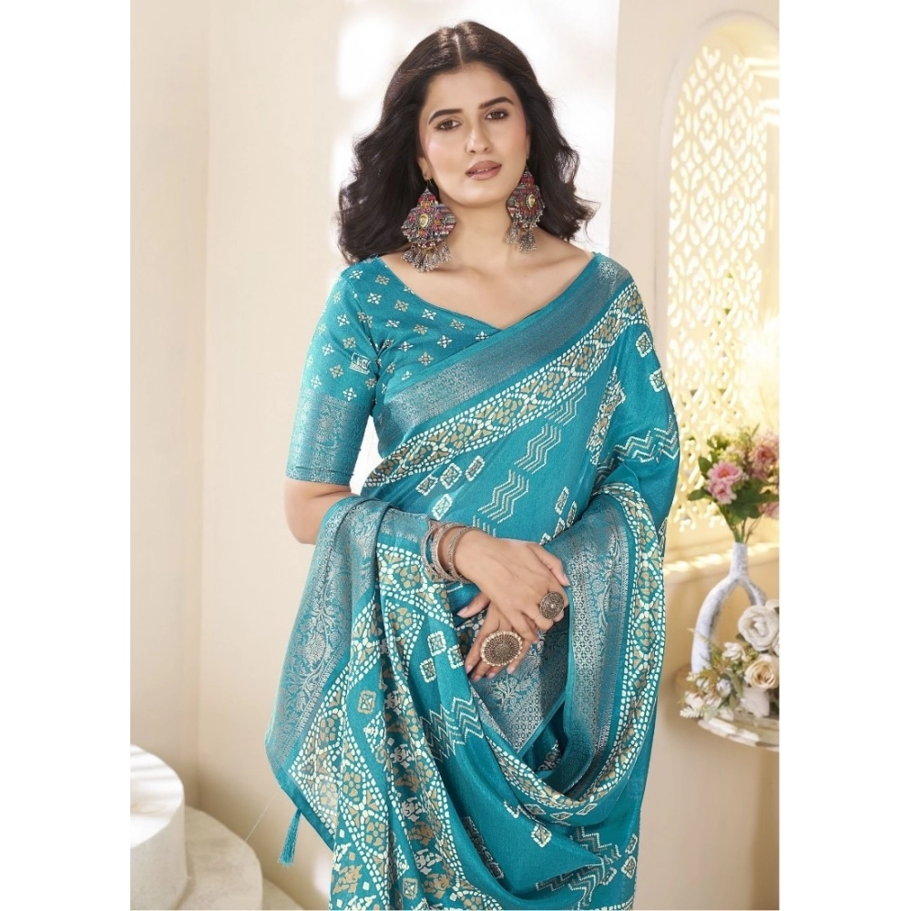 Generic Women’s Cotton Silk Printed Saree With Unstitched Blouse 5.5Mtr (Teal)
