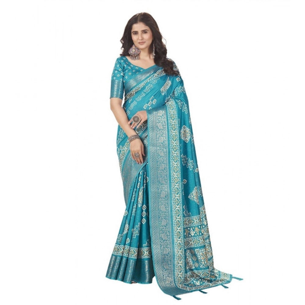 Generic Women's Cotton Silk Printed Saree With Unstitched Blouse 5.5Mtr (Teal) - Image 7