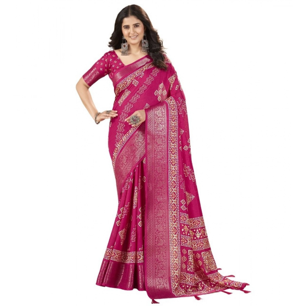 Generic Women's Cotton Silk Printed Saree With Unstitched Blouse 5.5Mtr (Pink) - Image 7