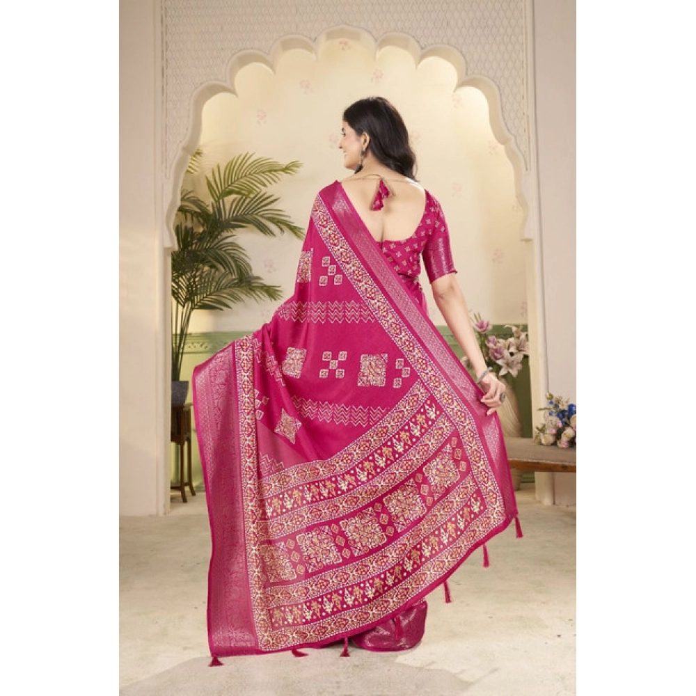 Generic Women's Cotton Silk Printed Saree With Unstitched Blouse 5.5Mtr (Pink) - Image 6