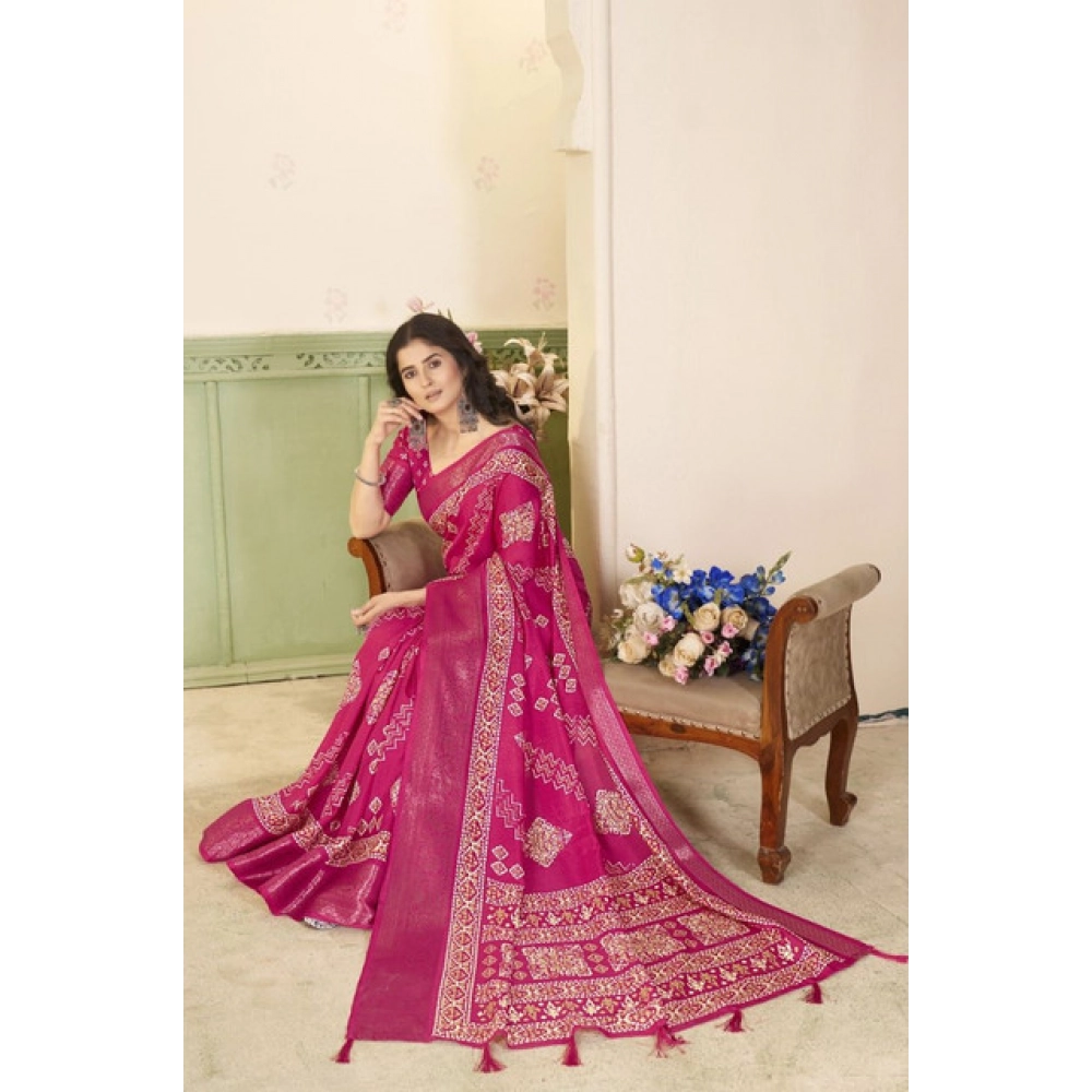 Generic Women's Cotton Silk Printed Saree With Unstitched Blouse 5.5Mtr (Pink) - Image 5