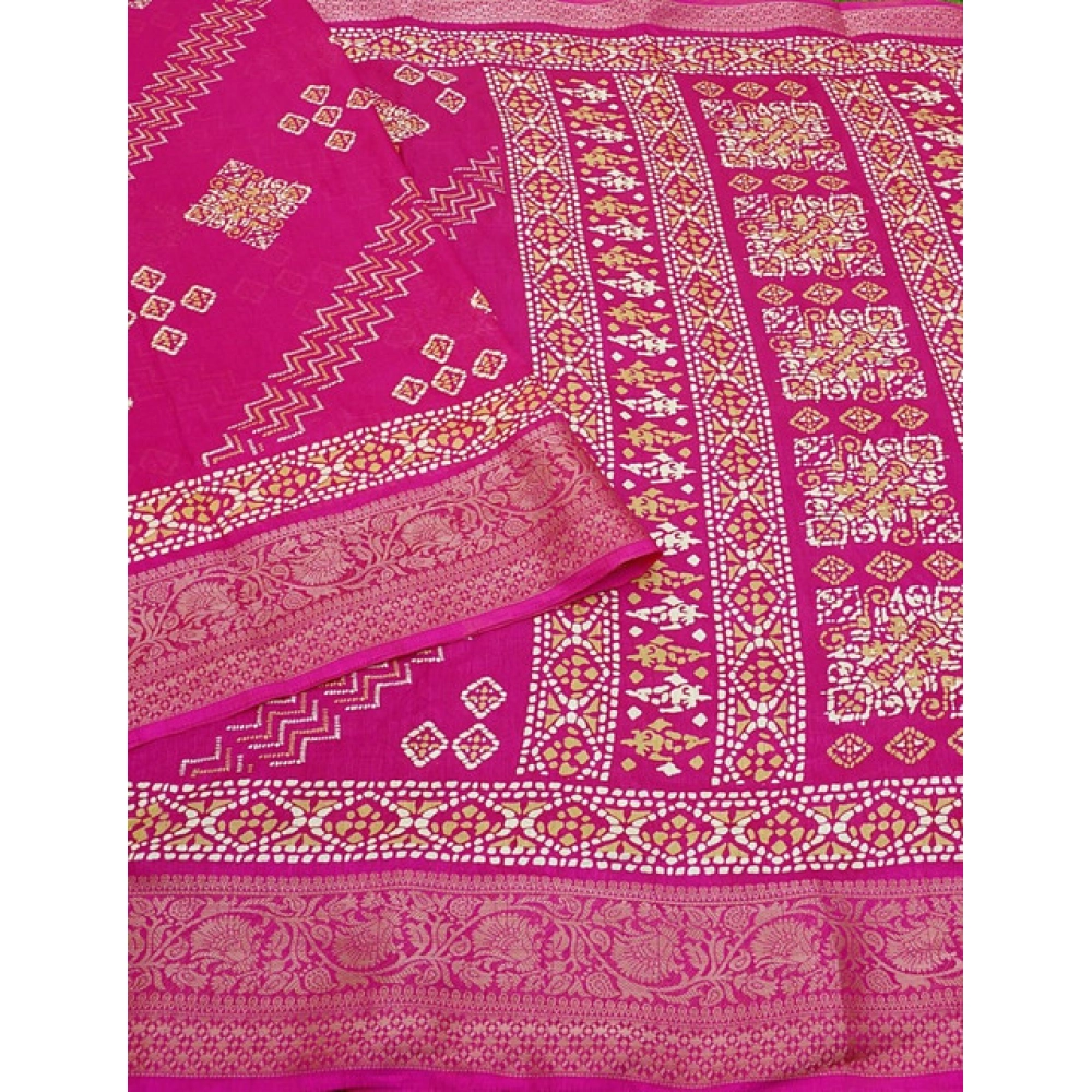 Generic Women's Cotton Silk Printed Saree With Unstitched Blouse 5.5Mtr (Pink) - Image 4