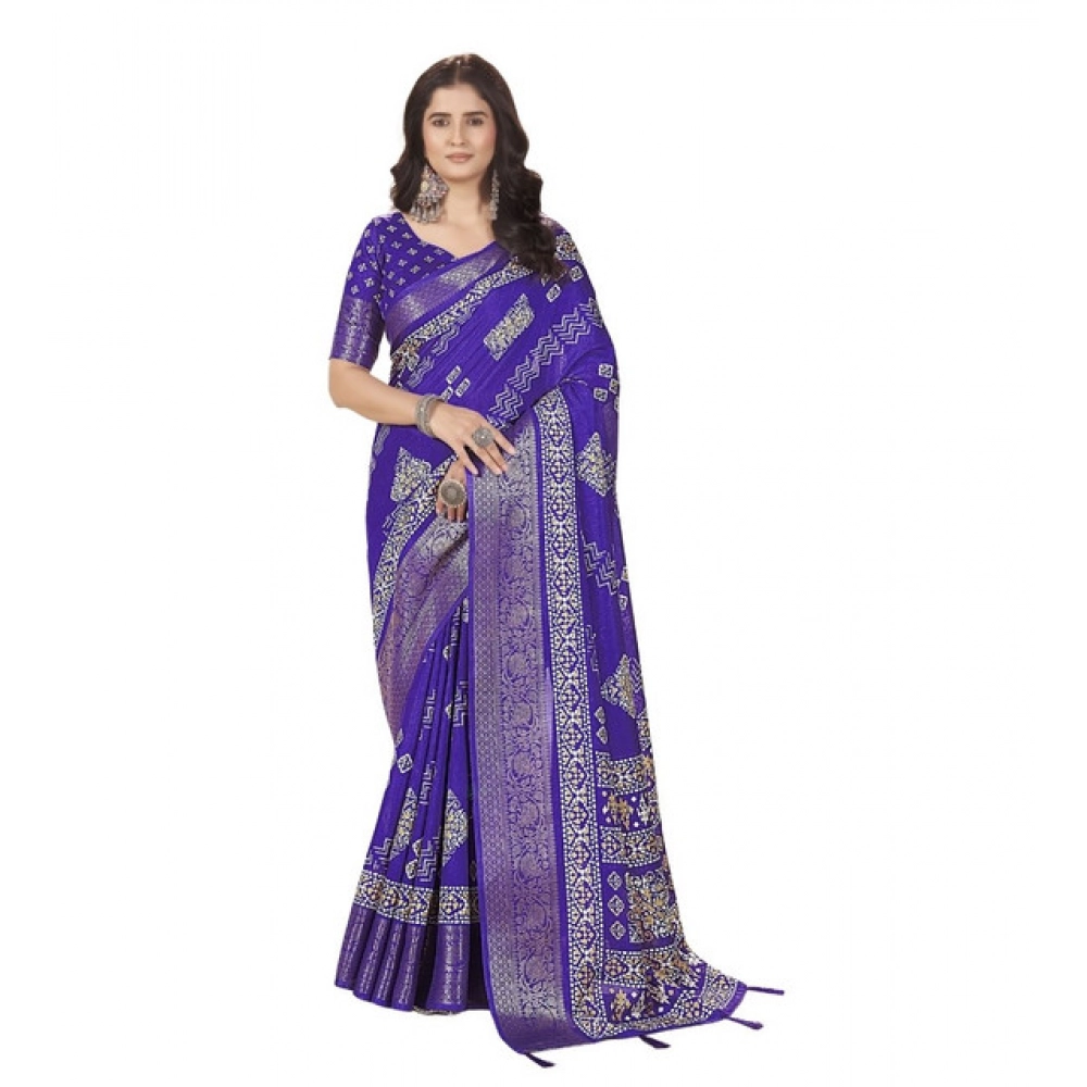 Generic Women's Cotton Silk Printed Saree With Unstitched Blouse 5.5Mtr (Royal Blue) - Image 7