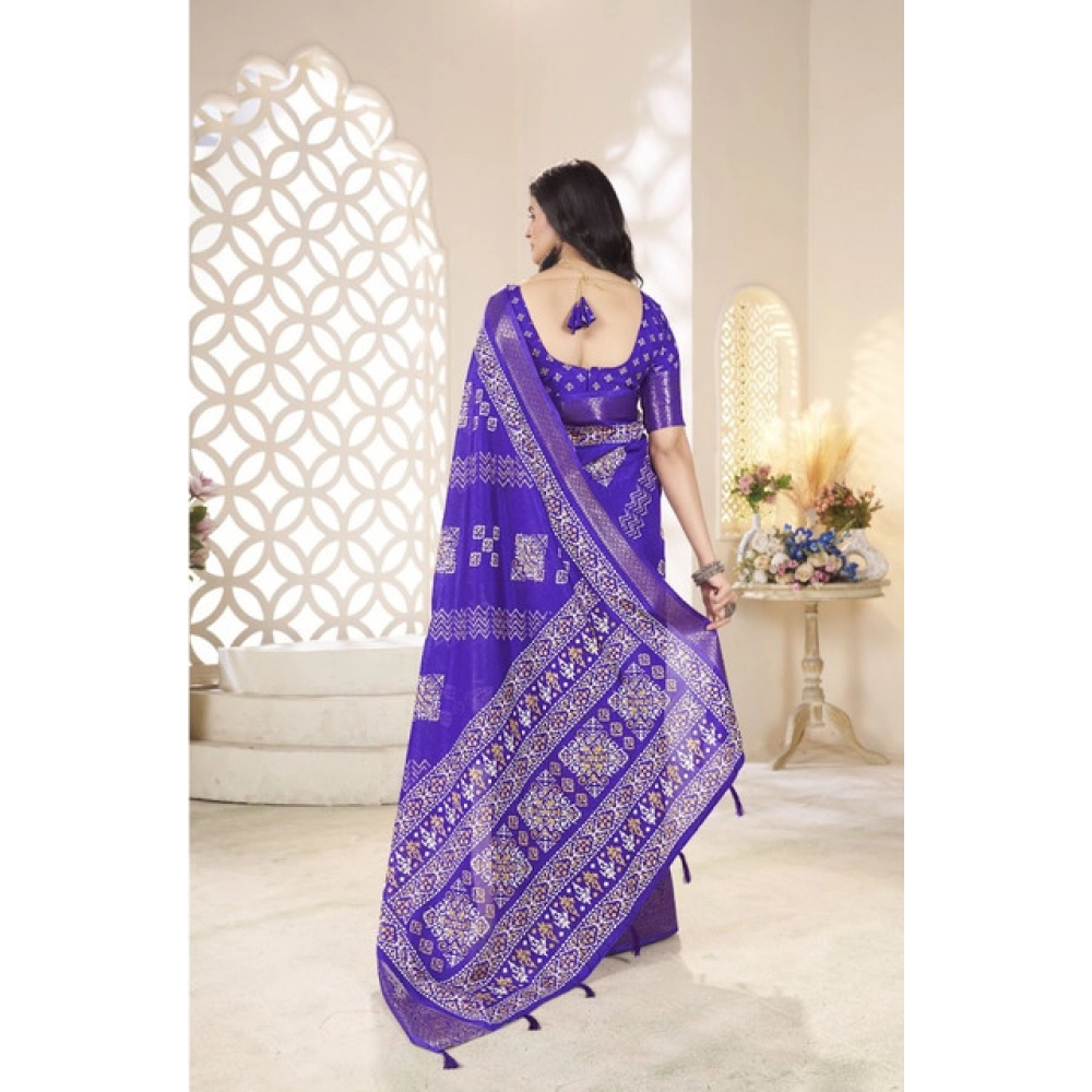 Generic Women's Cotton Silk Printed Saree With Unstitched Blouse 5.5Mtr (Royal Blue) - Image 6
