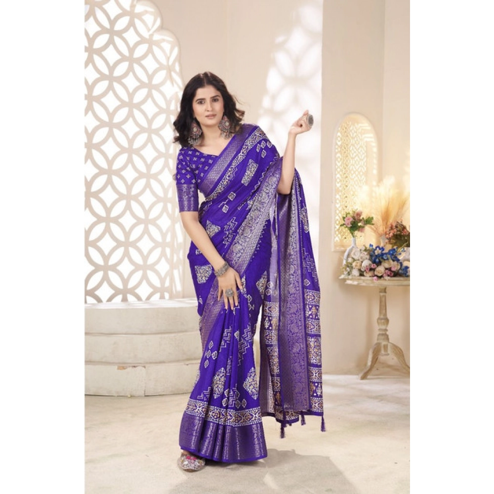 Generic Women's Cotton Silk Printed Saree With Unstitched Blouse 5.5Mtr (Royal Blue) - Image 5