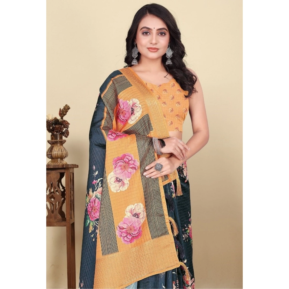 Generic Women's Cotton Silk Floral Printed Saree With Unstitched Blouse 5.5Mtr (Blue)