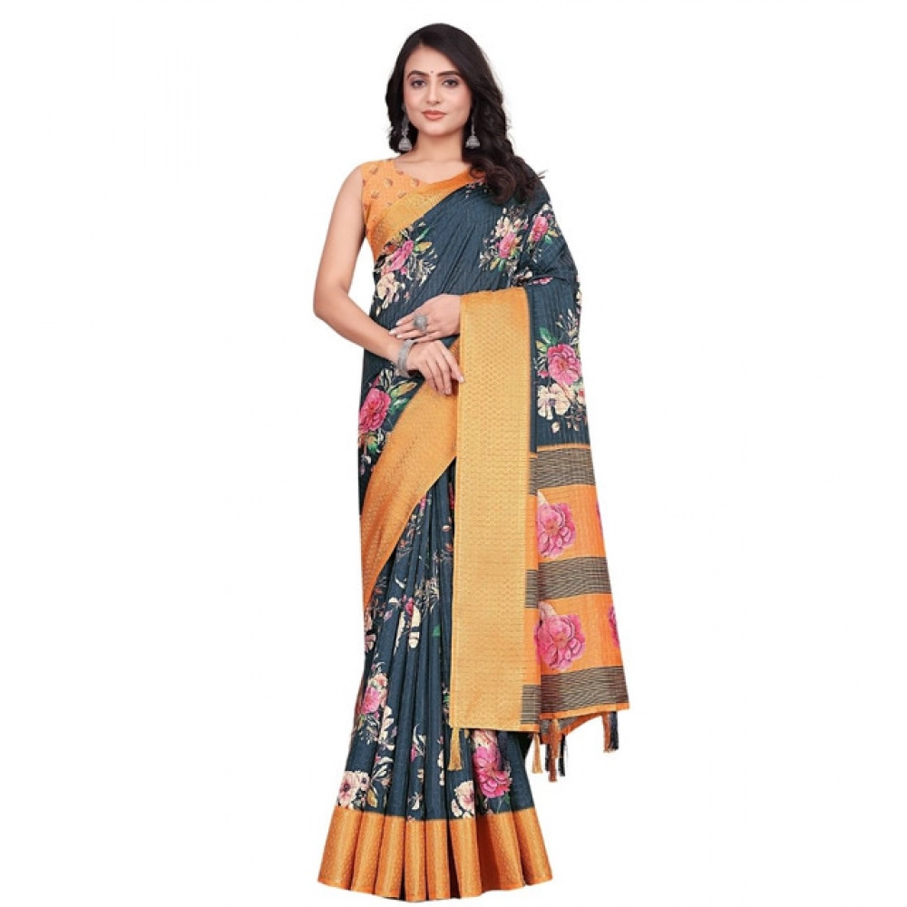 Generic Women's Cotton Silk Floral Printed Saree With Unstitched Blouse 5.5Mtr (Blue) - Image 6