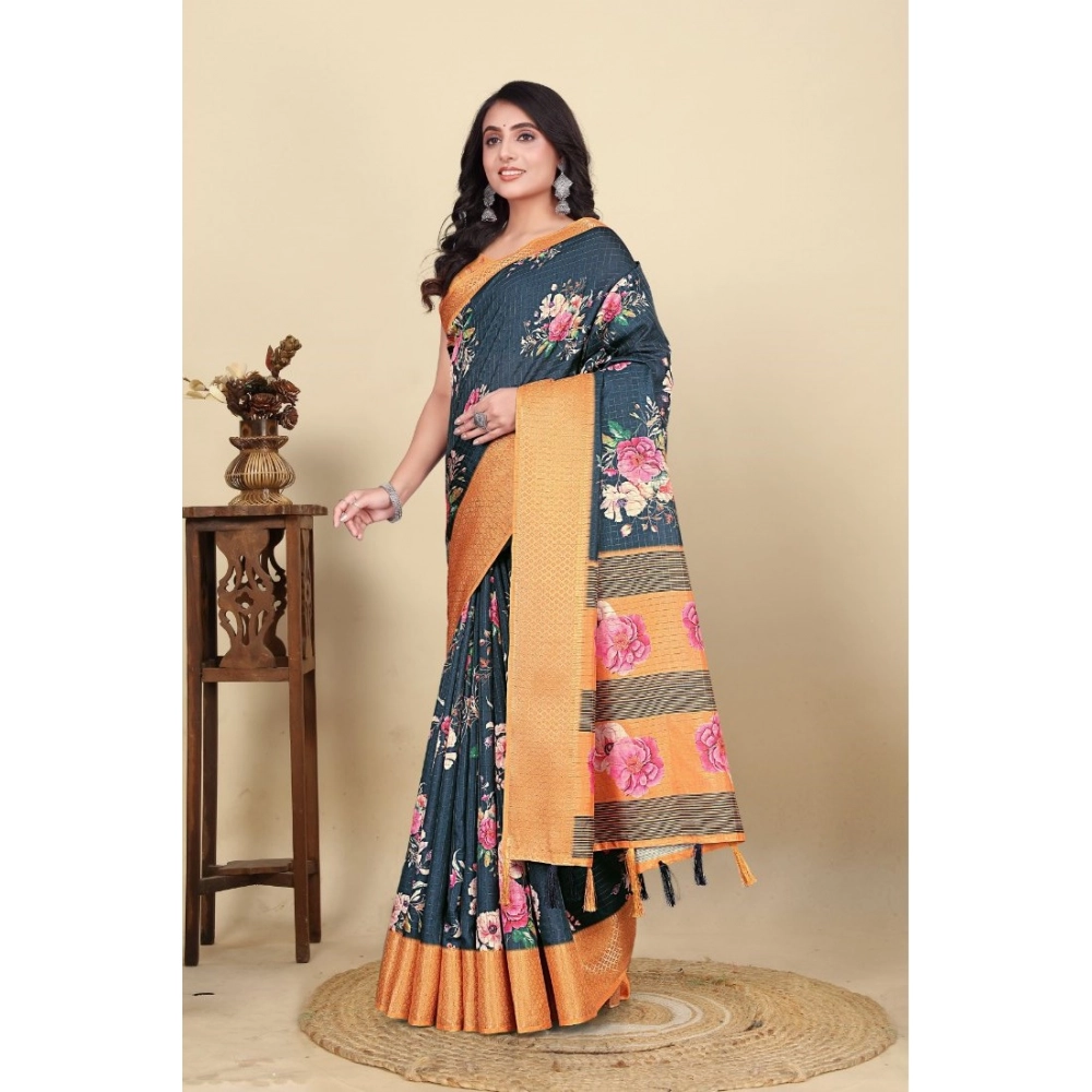 Generic Women's Cotton Silk Floral Printed Saree With Unstitched Blouse 5.5Mtr (Blue) - Image 5