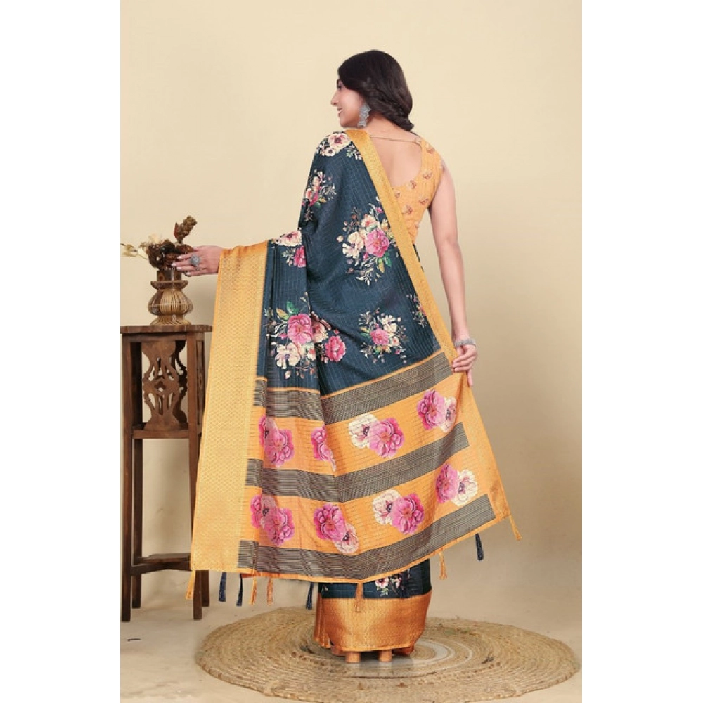 Generic Women's Cotton Silk Floral Printed Saree With Unstitched Blouse 5.5Mtr (Blue) - Image 4