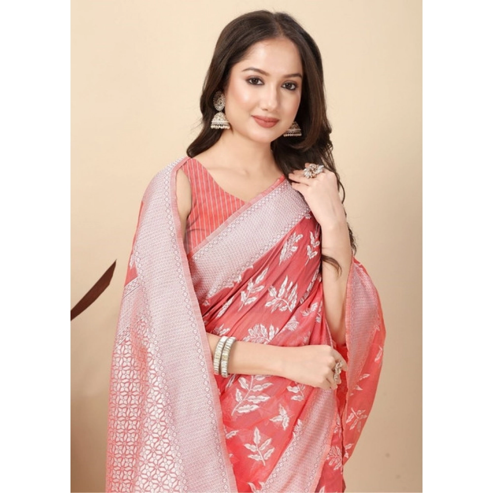 Generic Women’s Art Silk Jacquard Printed Saree With Unstitched Blouse 5.5Mtr (Peach)