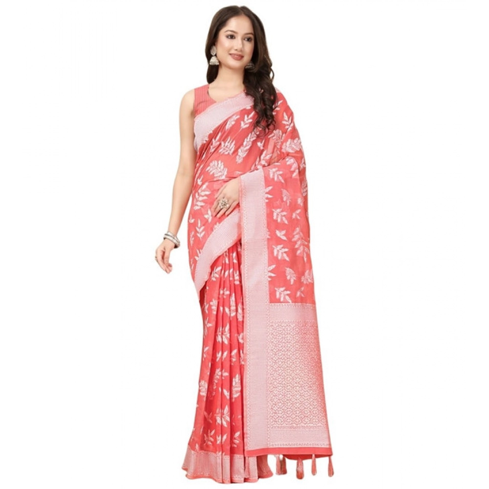 Generic Women's Art Silk Jacquard Printed Saree With Unstitched Blouse 5.5Mtr (Peach) - Image 6
