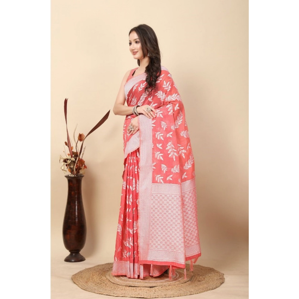 Generic Women's Art Silk Jacquard Printed Saree With Unstitched Blouse 5.5Mtr (Peach) - Image 5