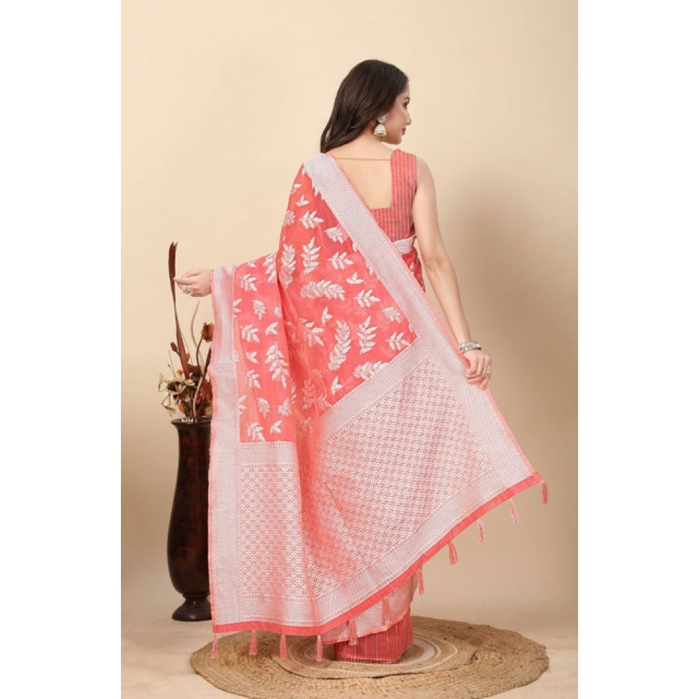 Generic Women's Art Silk Jacquard Printed Saree With Unstitched Blouse 5.5Mtr (Peach) - Image 4