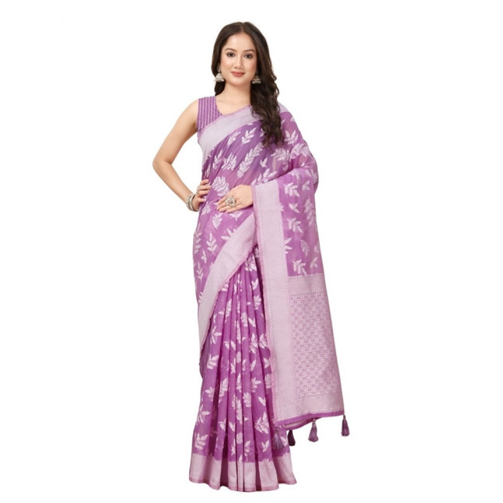 Generic Women's Art Silk Jacquard Printed Saree With Unstitched Blouse 5.5Mtr (Purple) - Image 4