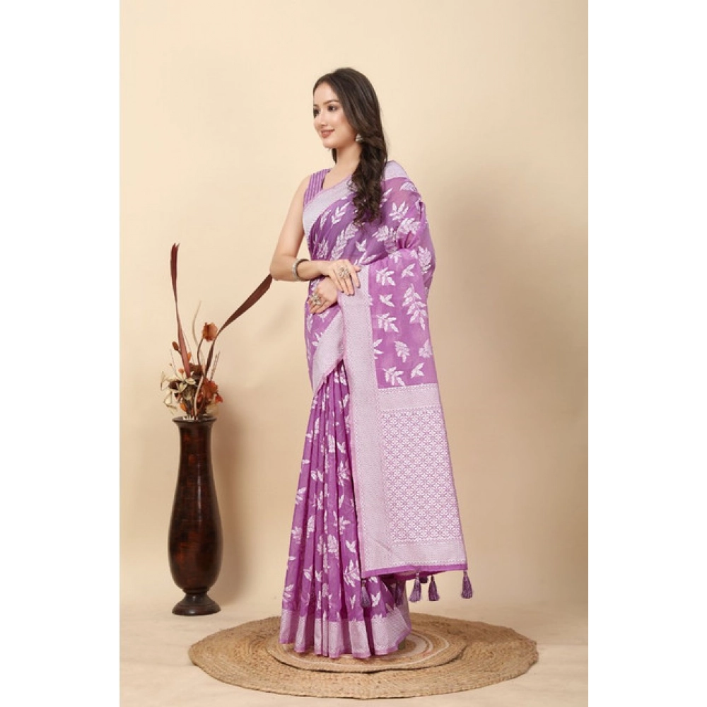 Generic Women's Art Silk Jacquard Printed Saree With Unstitched Blouse 5.5Mtr (Purple) - Image 5
