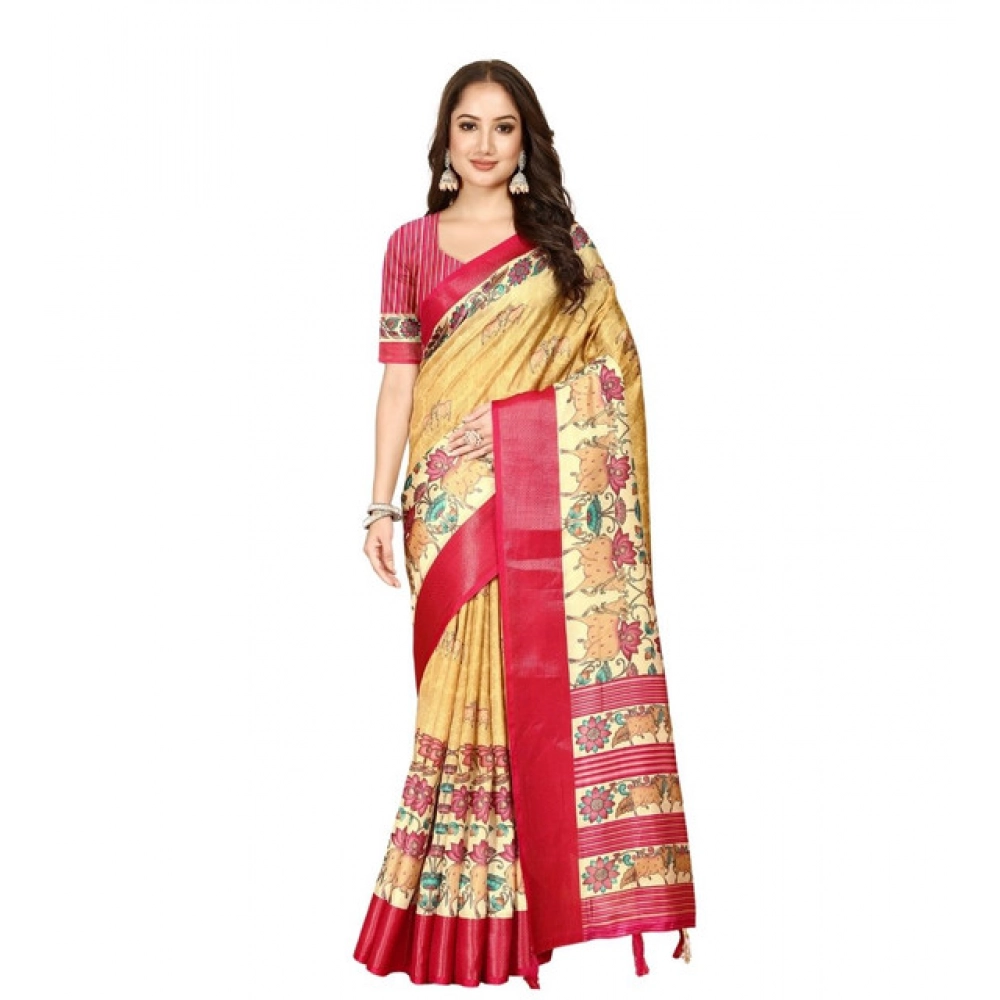 Generic Women's Cotton Silk Printed Saree With Unstitched Blouse 5.5Mtr (Yellow Red) - Image 6