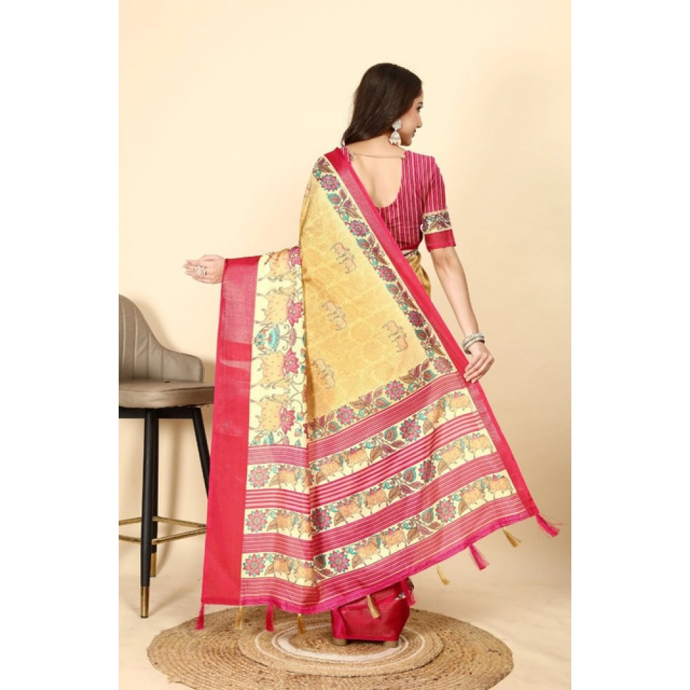 Generic Women's Cotton Silk Printed Saree With Unstitched Blouse 5.5Mtr (Yellow Red) - Image 5