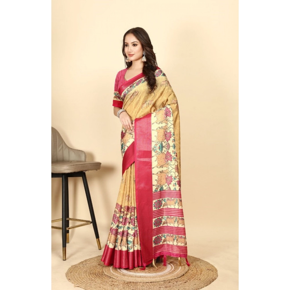 Generic Women's Cotton Silk Printed Saree With Unstitched Blouse 5.5Mtr (Yellow Red) - Image 4