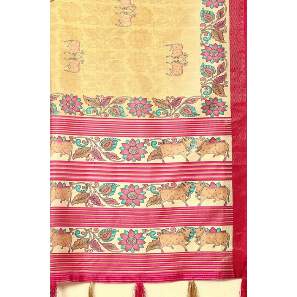 Generic Women's Cotton Silk Printed Saree With Unstitched Blouse 5.5Mtr (Yellow Red) - Image 3