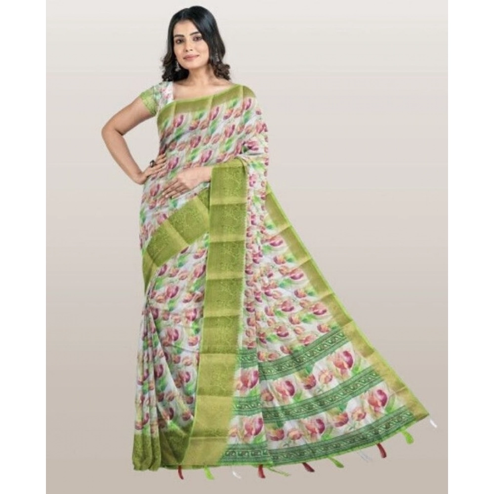 Generic Women’s Cotton Blend Floral Printed Saree With Unstitched Blouse 5.5Mtr (Green-White)