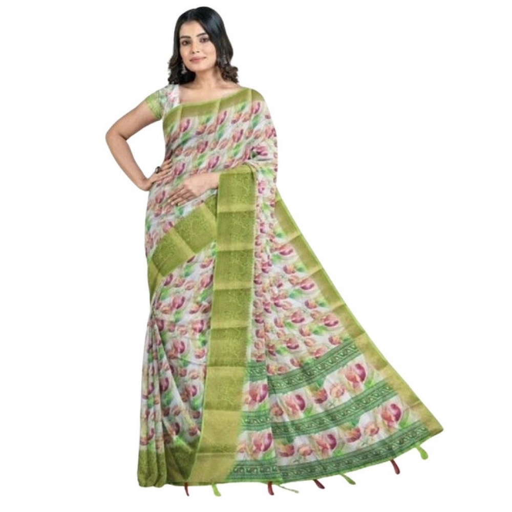 Generic Women's Cotton Blend Floral Printed Saree With Unstitched Blouse 5.5Mtr (Green-White) - Image 4