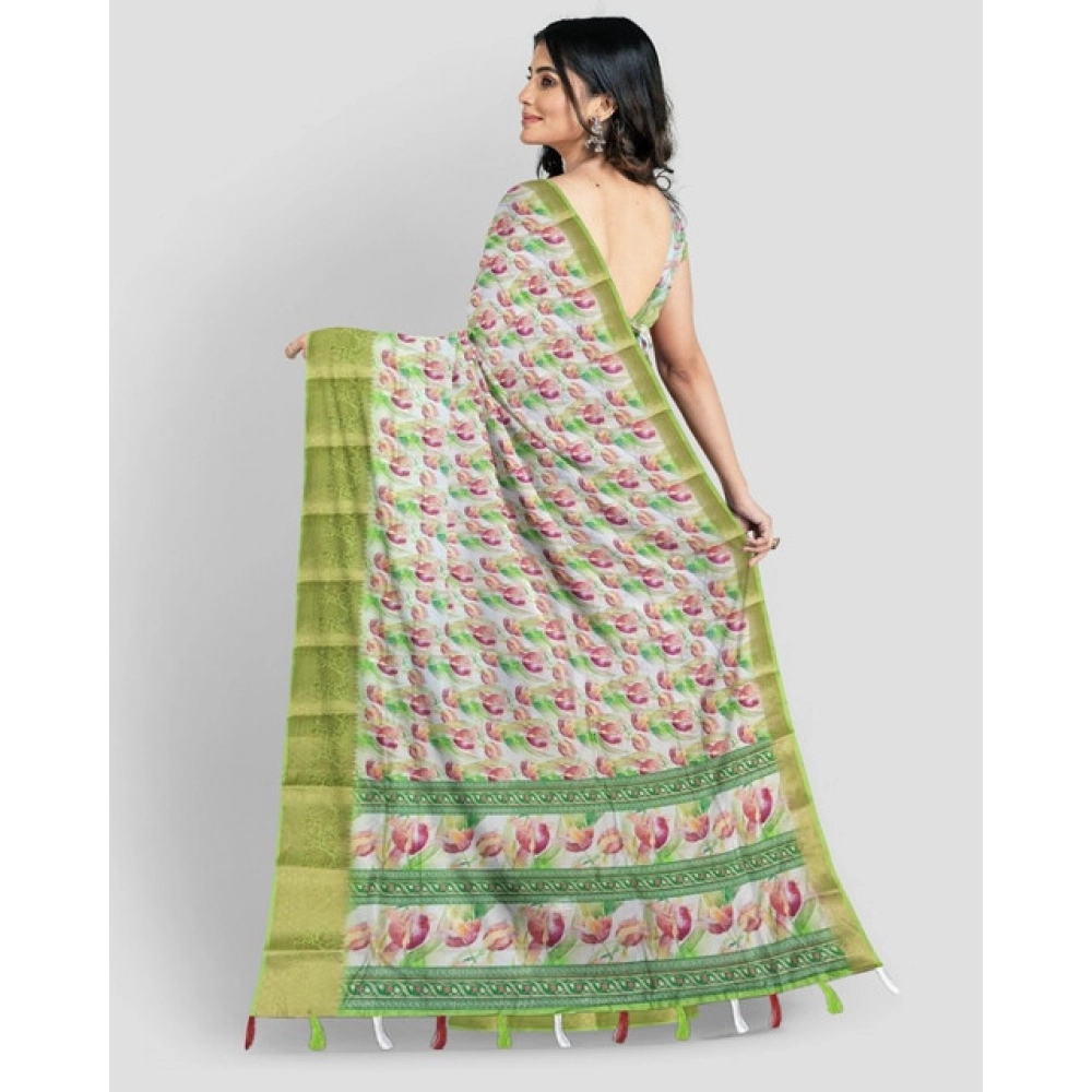 Generic Women's Cotton Blend Floral Printed Saree With Unstitched Blouse 5.5Mtr (Green-White) - Image 3