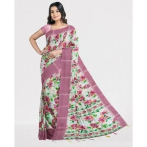 Generic Women's Cotton Blend Floral Printed Saree With Unstitched Blouse 5.5Mtr (Pink)