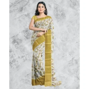 Generic Women's Cotton Blend Floral Printed Saree With Unstitched Blouse 5.5Mtr (Mustard)