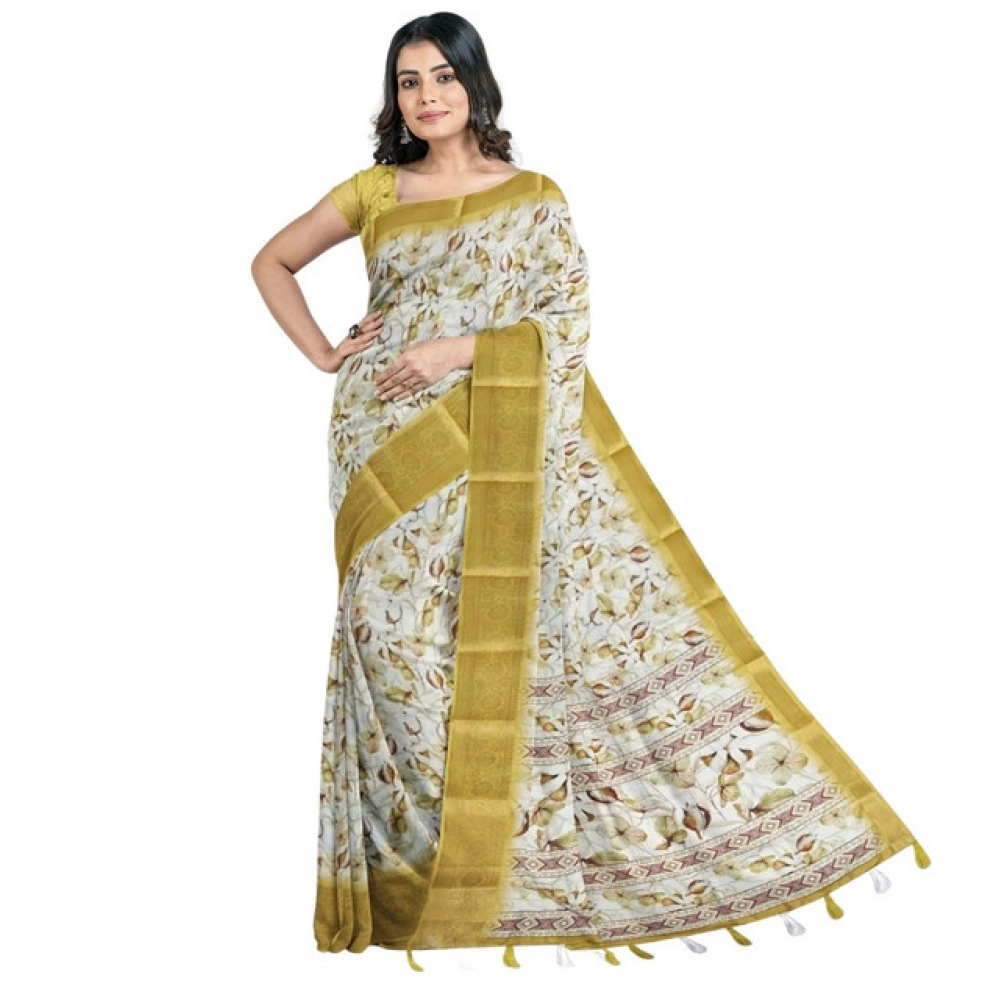 Generic Women's Cotton Blend Floral Printed Saree With Unstitched Blouse 5.5Mtr (Mustard) - Image 4