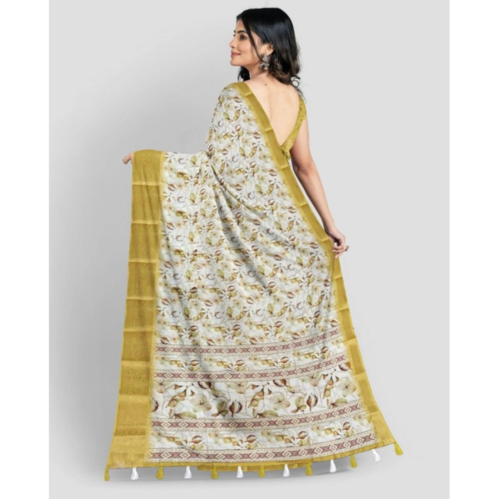 Generic Women's Cotton Blend Floral Printed Saree With Unstitched Blouse 5.5Mtr (Mustard) - Image 3